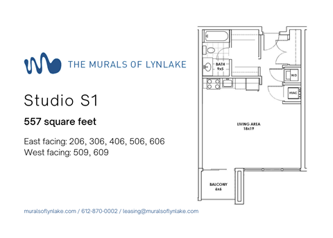 Floor plan for studio, 1 bath, 557 sqft